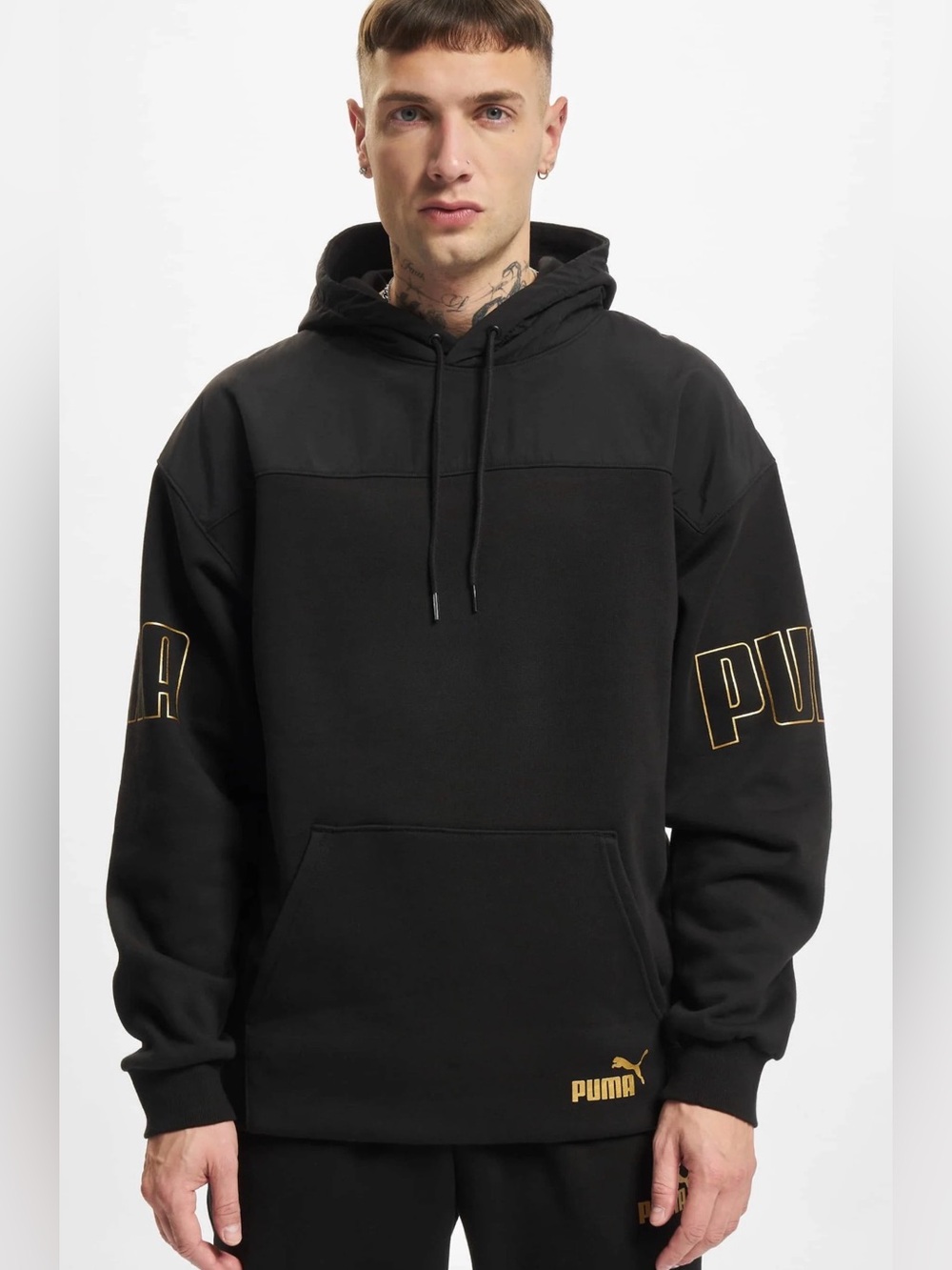 Puma Black Winterized Hoodie with Gold Logo on Sleeve and Hem